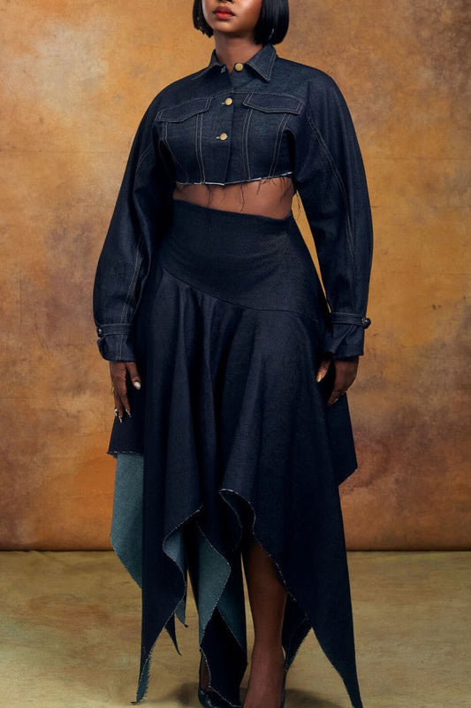 Cropped Denim Jacket & Asymmetrical Skirt Set