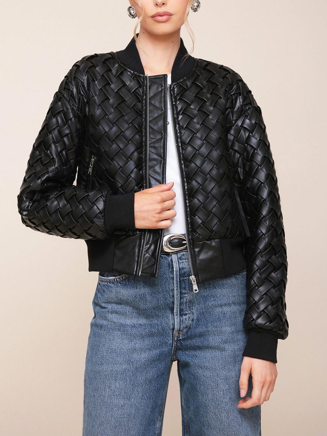 Woven Faux-Ever Leather Bomber Jacket
