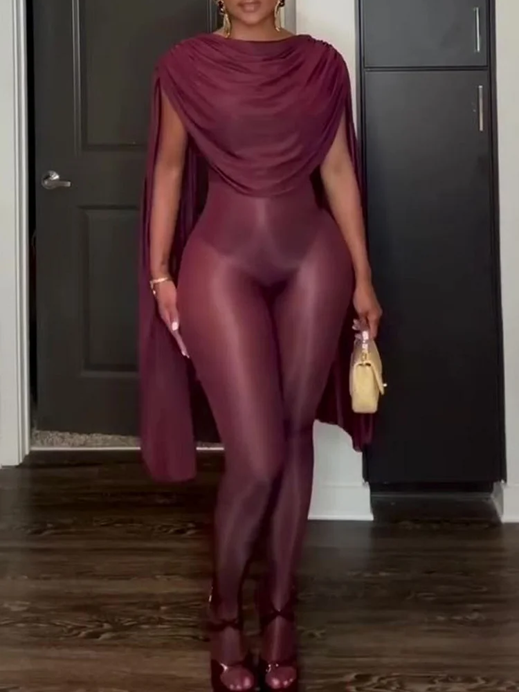 Cowl Neck Cape Sleeve Semi-Sheer Bodycon Jumpsuit