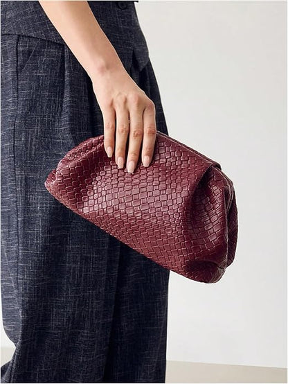 Woven Dumpling Faux PU Leather Clutch Purse Bag