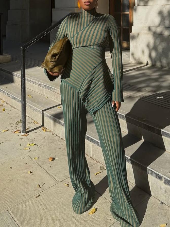 Striped Asymmetrical Peplum Two-Piece Set