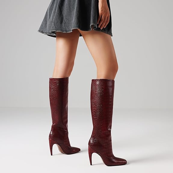 Knee High Boots for Women Wide Calf Suede Square Toe Pull On Long Boots