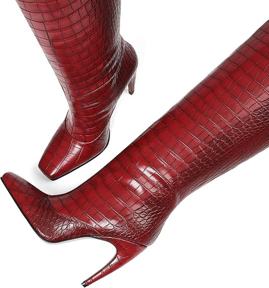 Knee High Boots for Women Wide Calf Suede Square Toe Pull On Long Boots