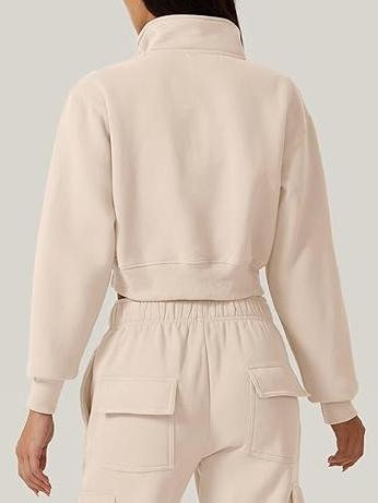 Half Zip Crop Sweatshirt High Neck Long Sleeve Pullover