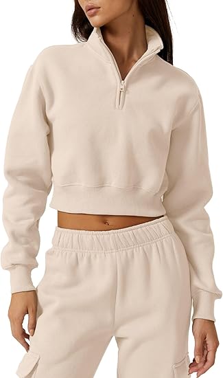Half Zip Crop Sweatshirt High Neck Long Sleeve Pullover