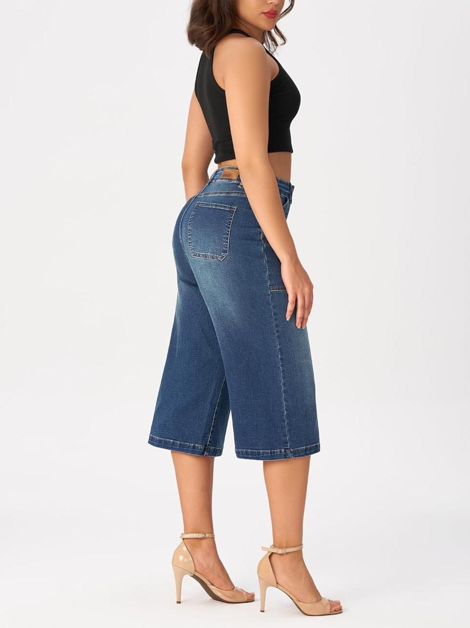 Wide Leg Capri Pants Stretchy High Waisted Loose Denim Jeans