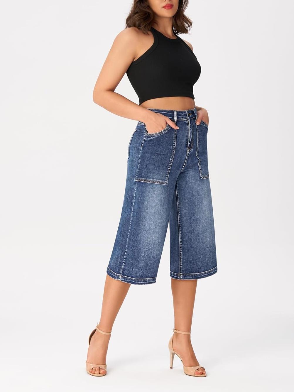 Wide Leg Capri Pants Stretchy High Waisted Loose Denim Jeans