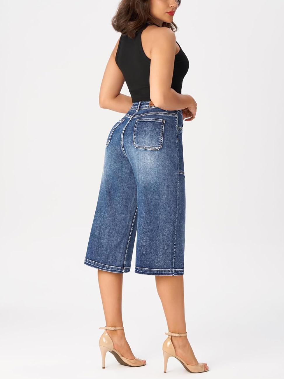 Wide Leg Capri Pants Stretchy High Waisted Loose Denim Jeans