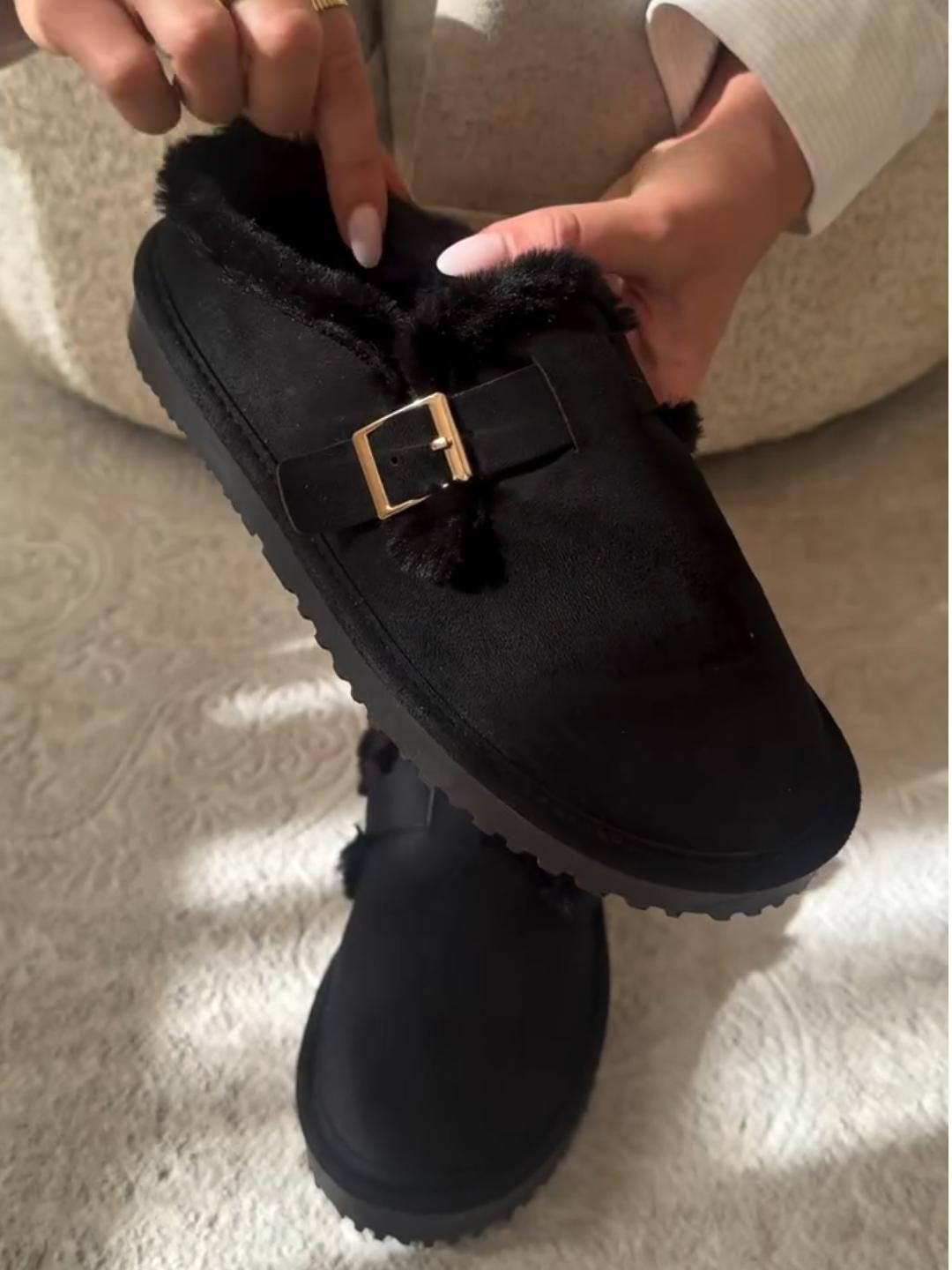 Faux Fur Lined Suede Clogs with Back Heel and Buckle Detail