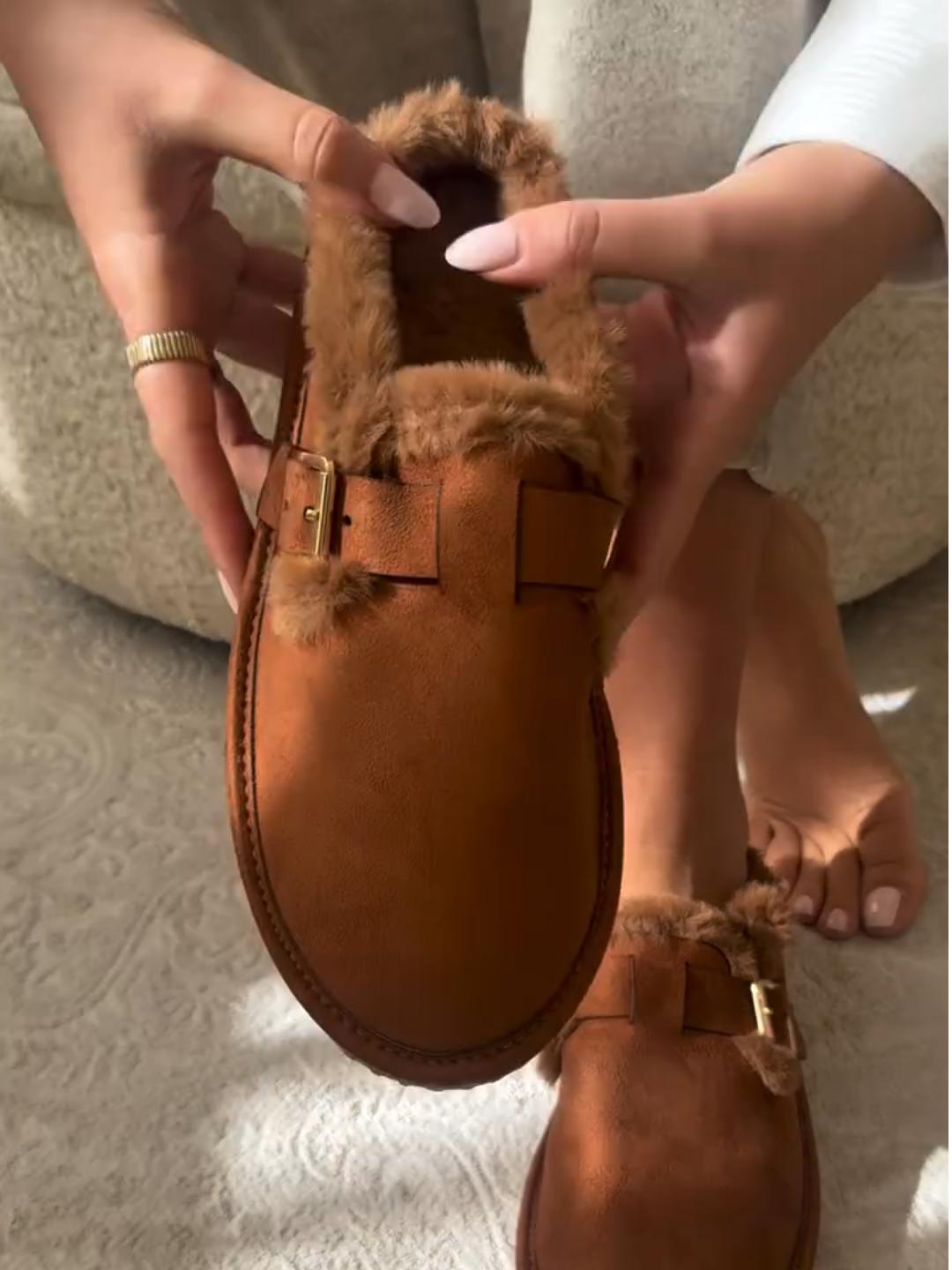 Faux Fur Lined Suede Clogs with Back Heel and Buckle Detail