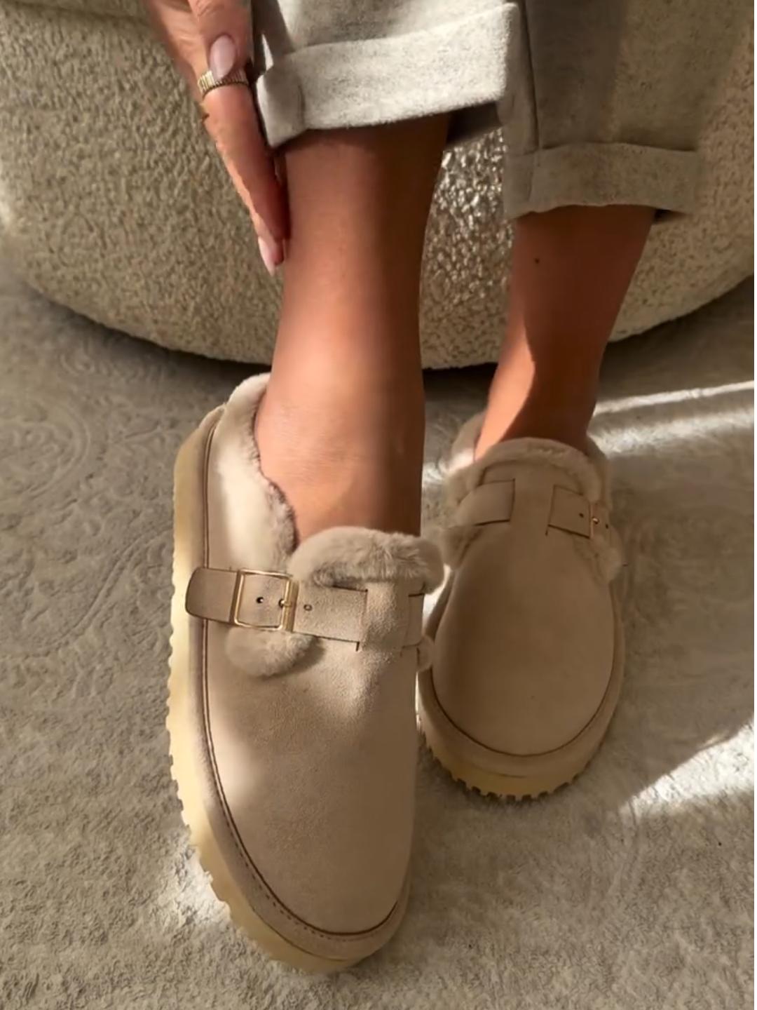 Faux Fur Lined Suede Clogs with Back Heel and Buckle Detail