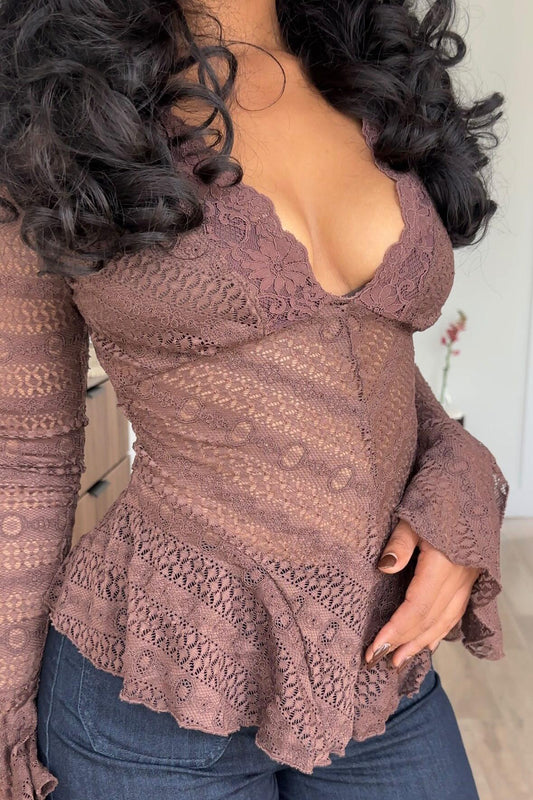 Sheer Lace Ruffle Bell Sleeve Top