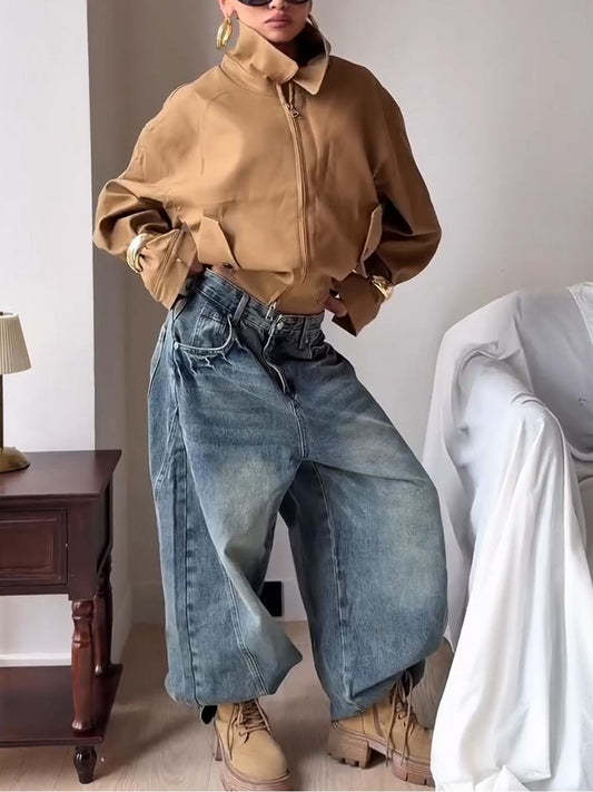 Cropped High Neck Zip-Up Bomber Jacket