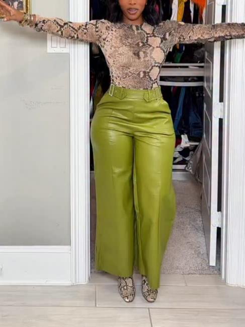 PU Faux Pants High Waist Wide Leg Pants