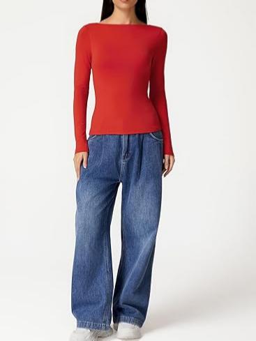 Cowl Back Boat Neck Double Lined Long Sleeve Top