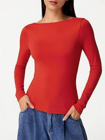 Cowl Back Boat Neck Double Lined Long Sleeve Top