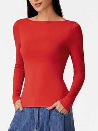 Cowl Back Boat Neck Double Lined Long Sleeve Top