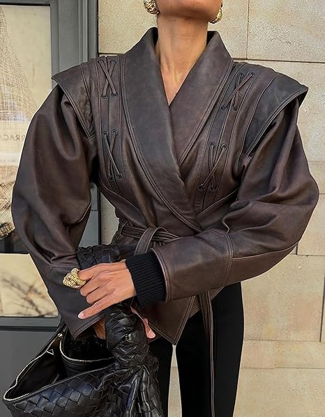 Faux PU Oversized Lace Up Asymmetrical Belted Motorcycle Bomber Coats