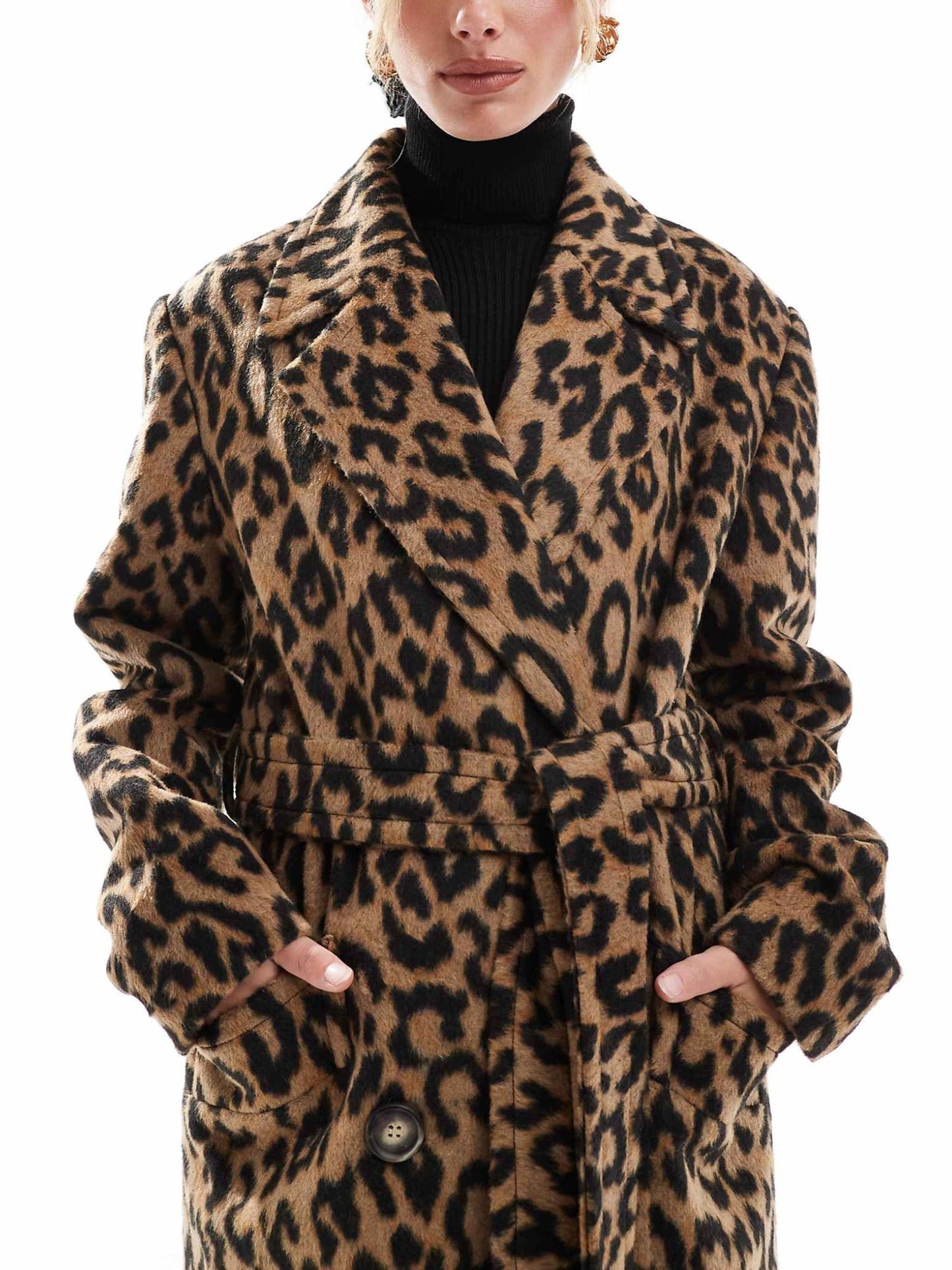 Belted Wrap Formal Coat In Leopard Print