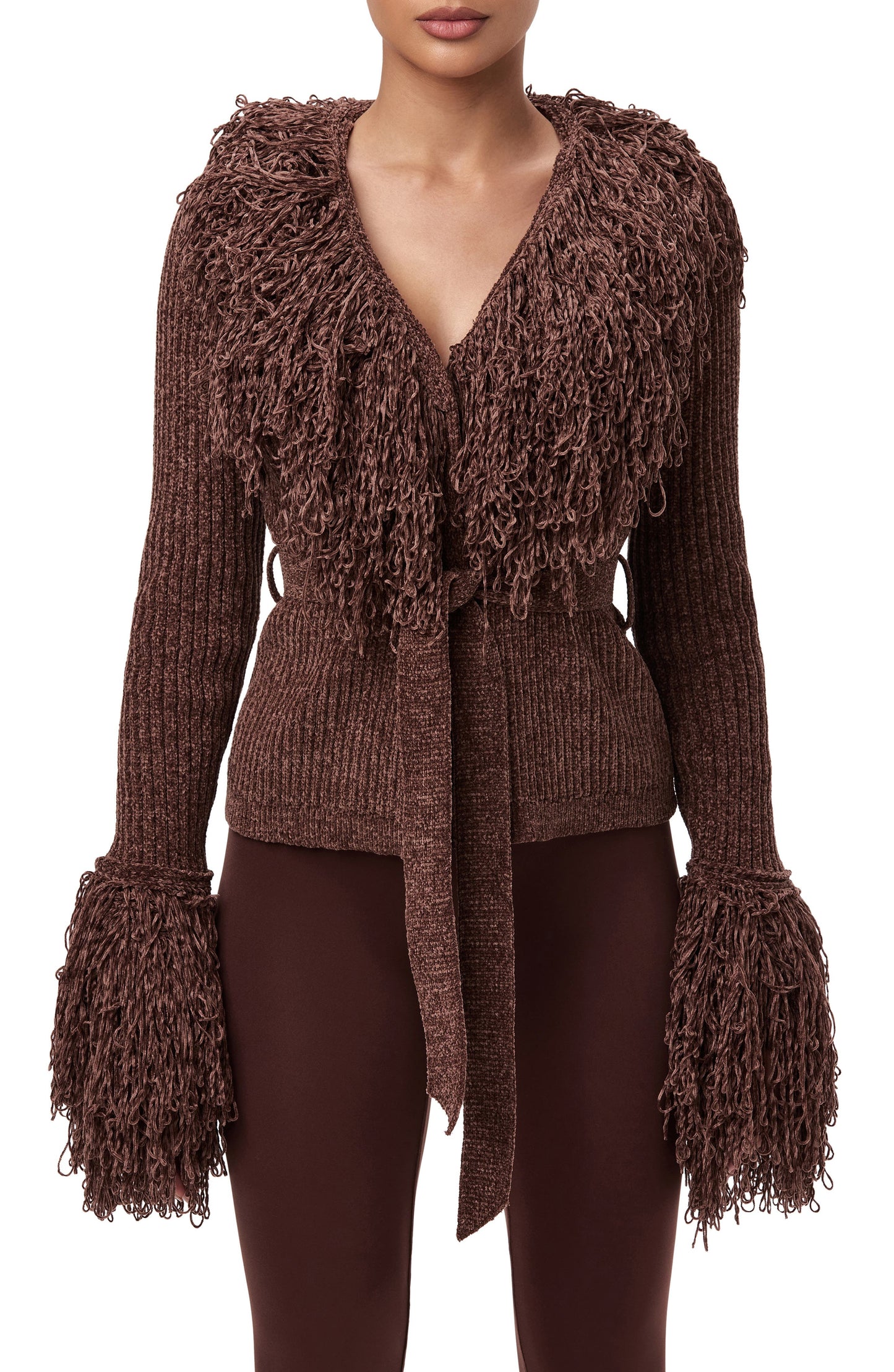 Fringe Tie Waist Chenille Cardigan