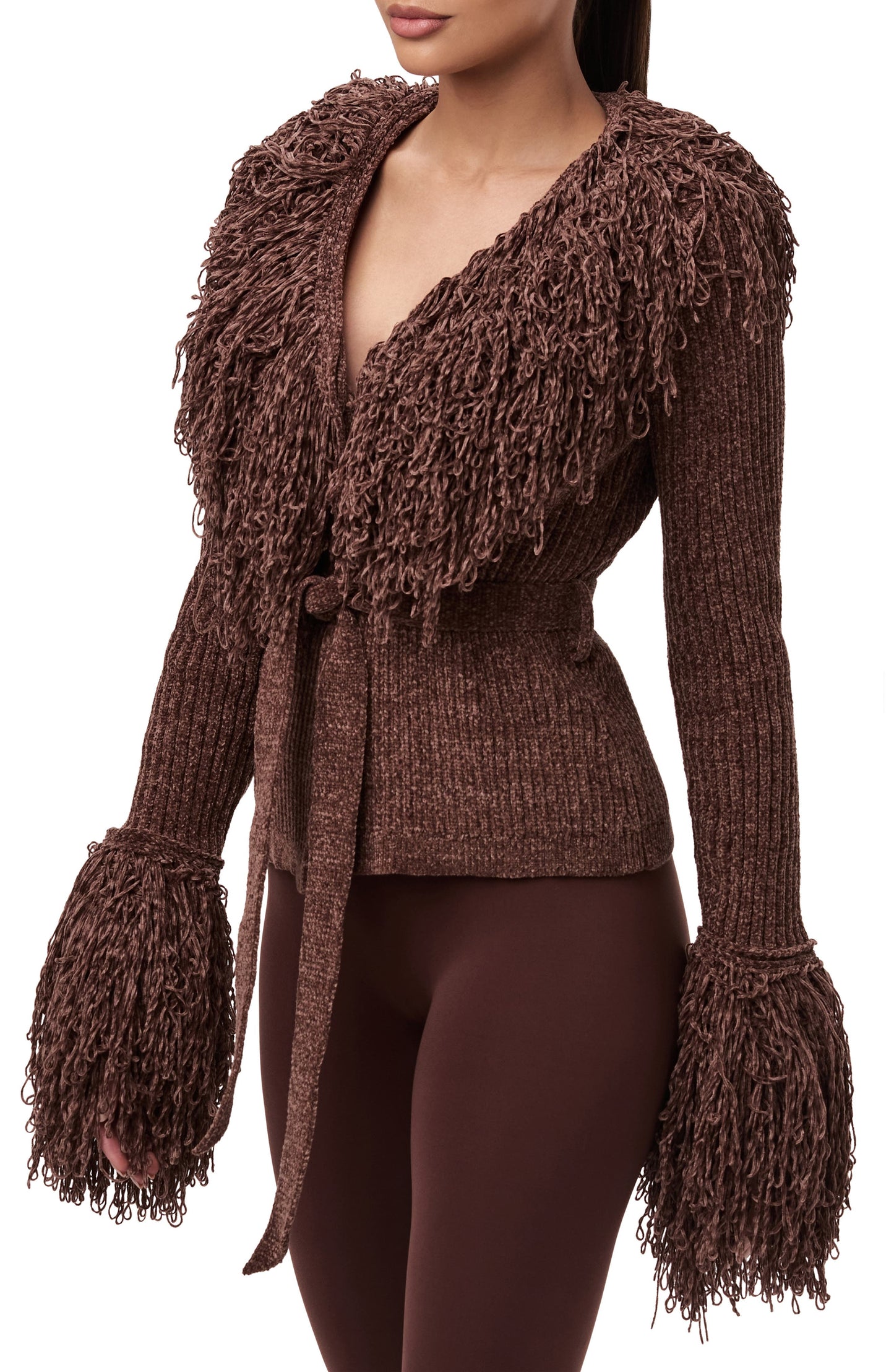 Fringe Tie Waist Chenille Cardigan