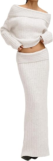 Off Shoulder Long Sleeve Sweater Bodycon Maxi Skirt Knit Sweater Set