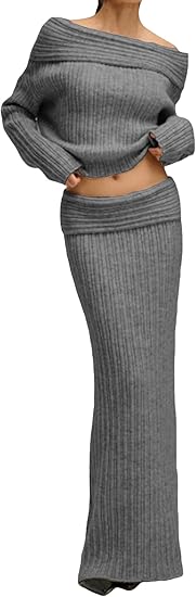 Off Shoulder Long Sleeve Sweater Bodycon Maxi Skirt Knit Sweater Set