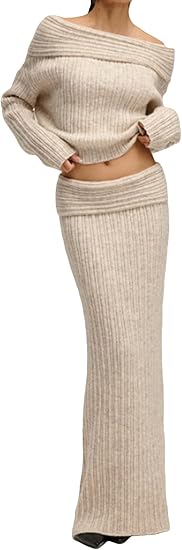 Off Shoulder Long Sleeve Sweater Bodycon Maxi Skirt Knit Sweater Set