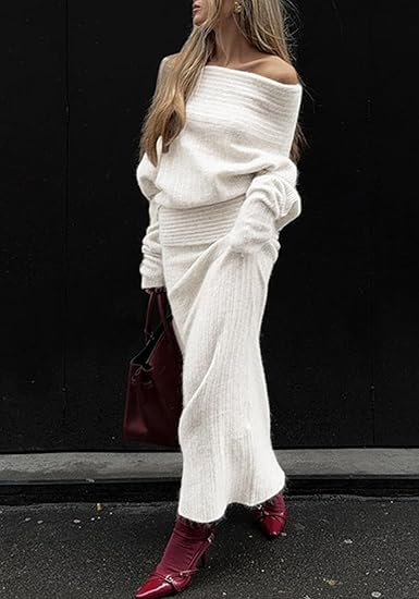 Off Shoulder Long Sleeve Sweater Bodycon Maxi Skirt Knit Sweater Set