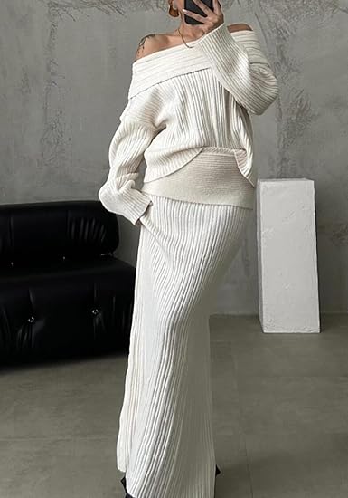 Off Shoulder Long Sleeve Sweater Bodycon Maxi Skirt Knit Sweater Set