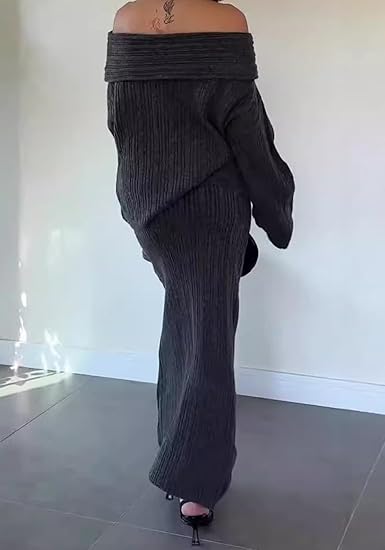 Off Shoulder Long Sleeve Sweater Bodycon Maxi Skirt Knit Sweater Set
