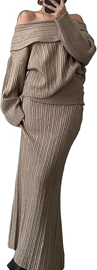 Off Shoulder Long Sleeve Sweater Bodycon Maxi Skirt Knit Sweater Set