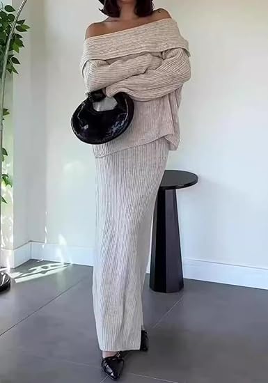 Off Shoulder Long Sleeve Sweater Bodycon Maxi Skirt Knit Sweater Set