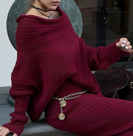 Off Shoulder Long Sleeve Sweater Bodycon Maxi Skirt Knit Sweater Set