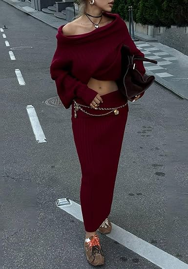 Off Shoulder Long Sleeve Sweater Bodycon Maxi Skirt Knit Sweater Set