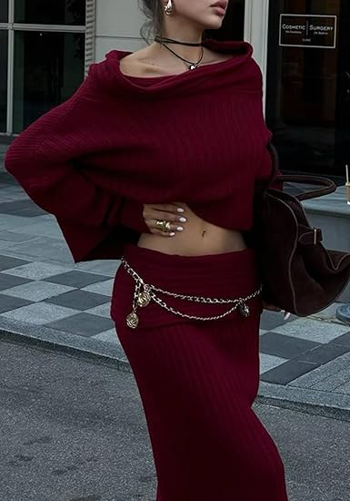 Off Shoulder Long Sleeve Sweater Bodycon Maxi Skirt Knit Sweater Set