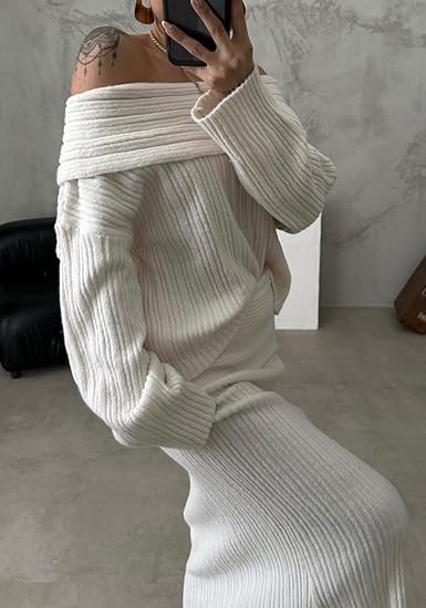 Off Shoulder Long Sleeve Sweater Bodycon Maxi Skirt Knit Sweater Set