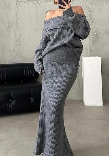 Off Shoulder Long Sleeve Sweater Bodycon Maxi Skirt Knit Sweater Set