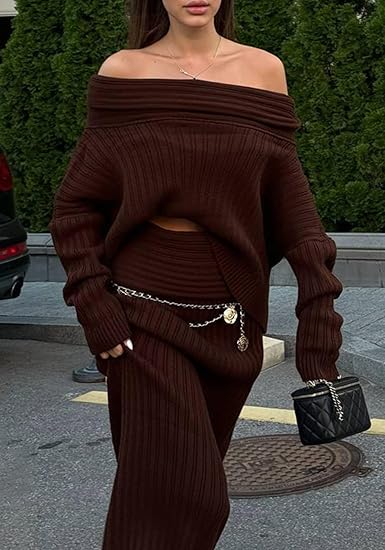 Off Shoulder Long Sleeve Sweater Bodycon Maxi Skirt Knit Sweater Set