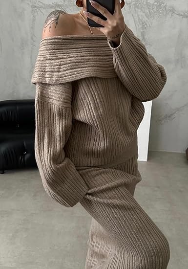 Off Shoulder Long Sleeve Sweater Bodycon Maxi Skirt Knit Sweater Set