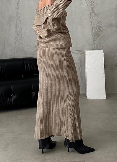 Off Shoulder Long Sleeve Sweater Bodycon Maxi Skirt Knit Sweater Set