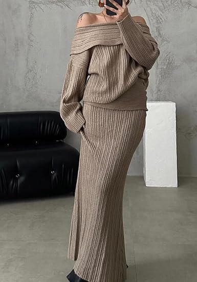 Off Shoulder Long Sleeve Sweater Bodycon Maxi Skirt Knit Sweater Set