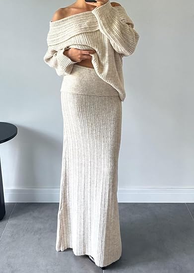 Off Shoulder Long Sleeve Sweater Bodycon Maxi Skirt Knit Sweater Set