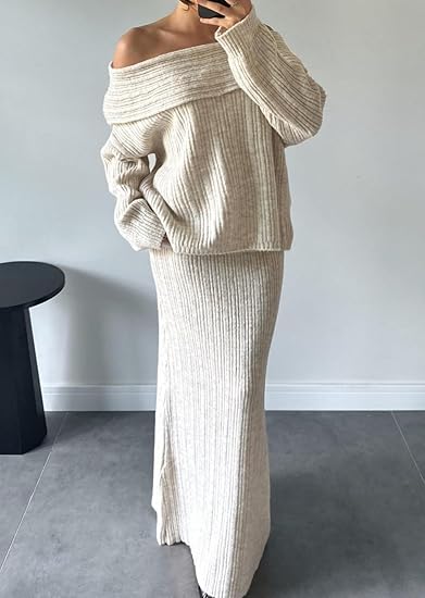 Off Shoulder Long Sleeve Sweater Bodycon Maxi Skirt Knit Sweater Set