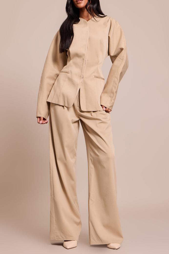 Tall Sand Premium Woven Tailored Collarless Blazer