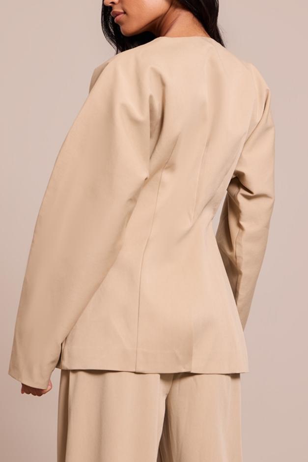 Tall Sand Premium Woven Tailored Collarless Blazer