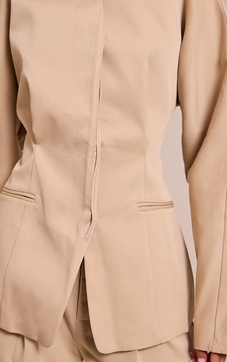 Tall Sand Premium Woven Tailored Collarless Blazer