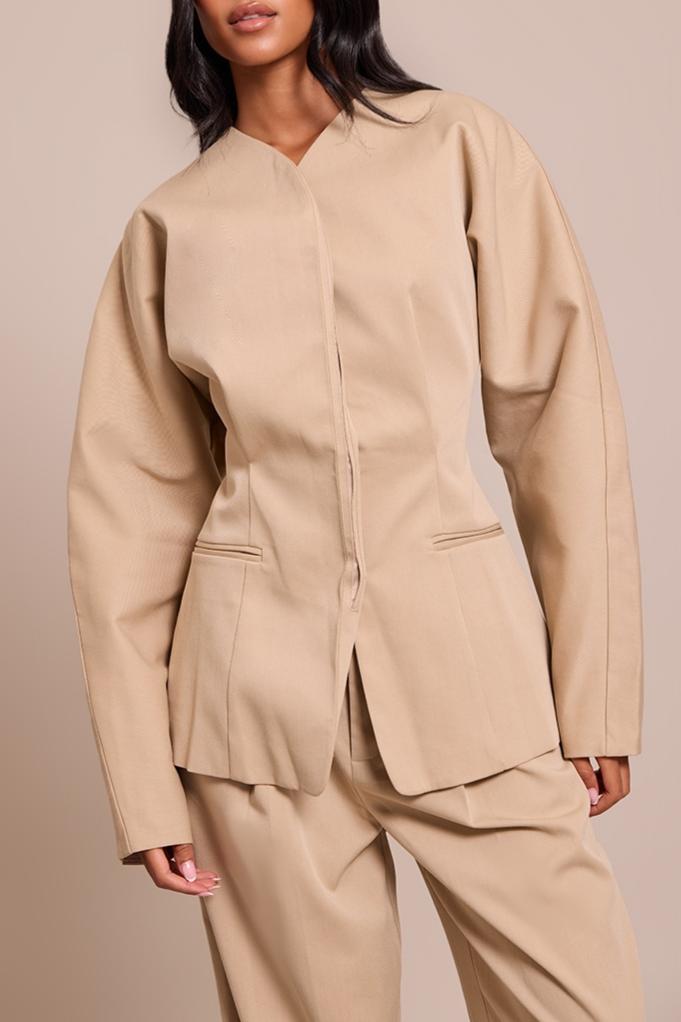 Tall Sand Premium Woven Tailored Collarless Blazer