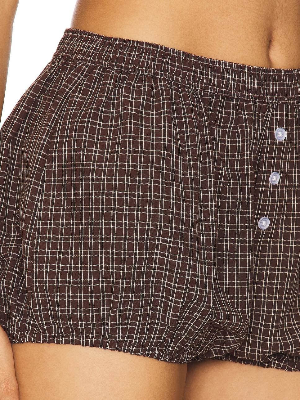 Plaid Drawstring Back Shirt & Puff Hem Shorts Set