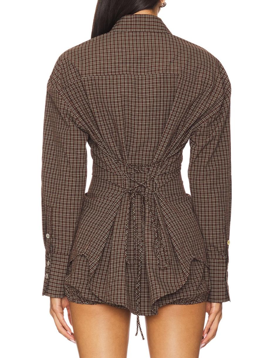 Plaid Drawstring Back Shirt & Puff Hem Shorts Set